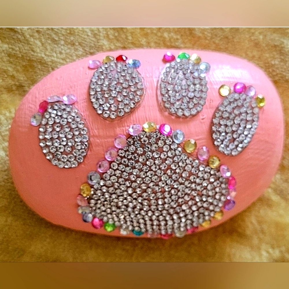 Beautiful One-Of-A-Kind Painted Rock With A  Rhinestone Dog Paw Print